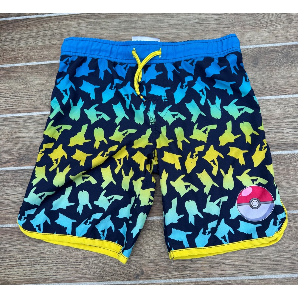 Pokemon Pikachu Kids Swim Trunks Blue Yellow Pokéball Board Shorts Size 6/7
